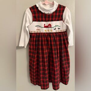 Red Plaid Smocked Farm Animals Jumper Dress Set Toddler 3T Double Buttons Back